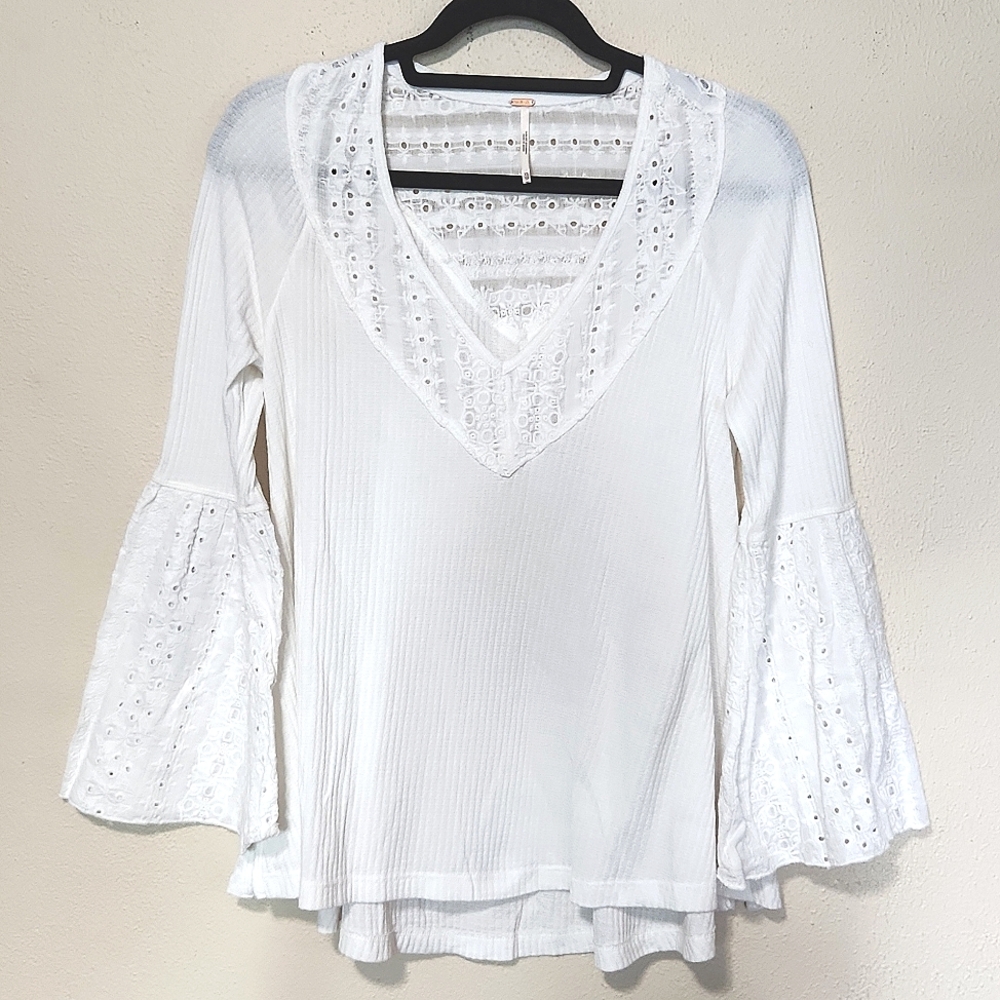Free People Thermal Parisan Nights Eyelet Lace Bell Sleeve V Neck Swing Blouse